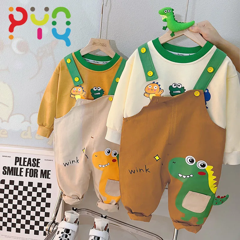

PYQ Baby Clothes Sets 2023 New Spring Autumn Dinosaur Chilrdren's Clothing For Boys Cartoons Sportswear+Sling-Pants 2pce Outfits
