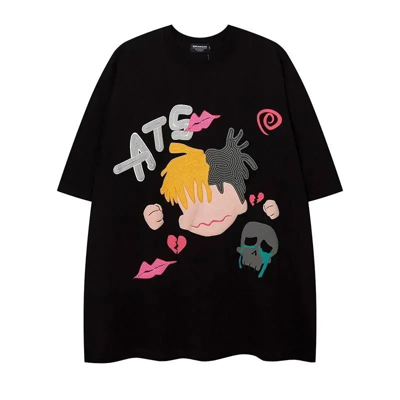 

Pure cotton American short-sleeved men and women 2024 cartoon lazy Korean style summer loose half-sleeved tops T-shirt