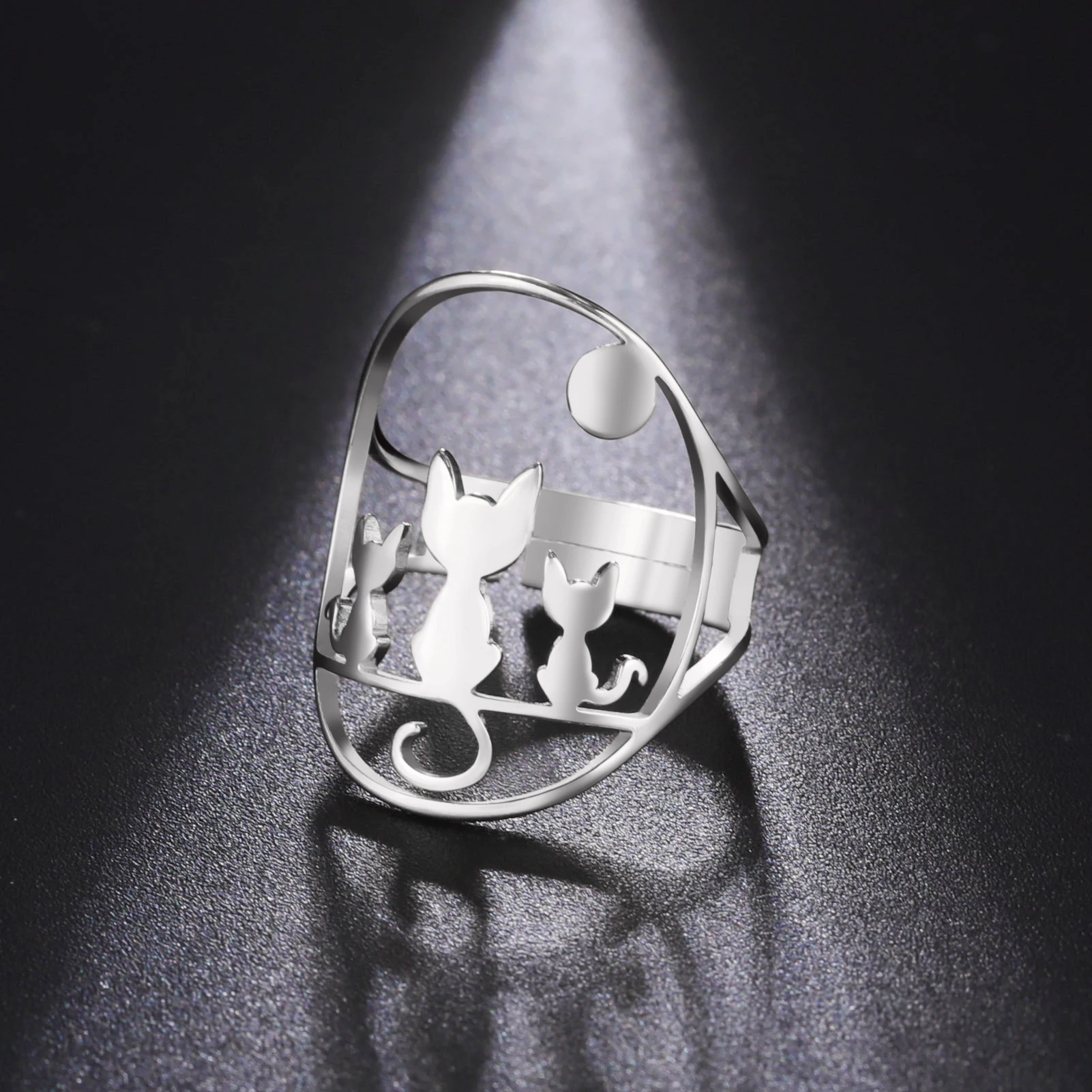 Stainless Steel Siting Cats Rings Cute Kitten Open Finger Rings For