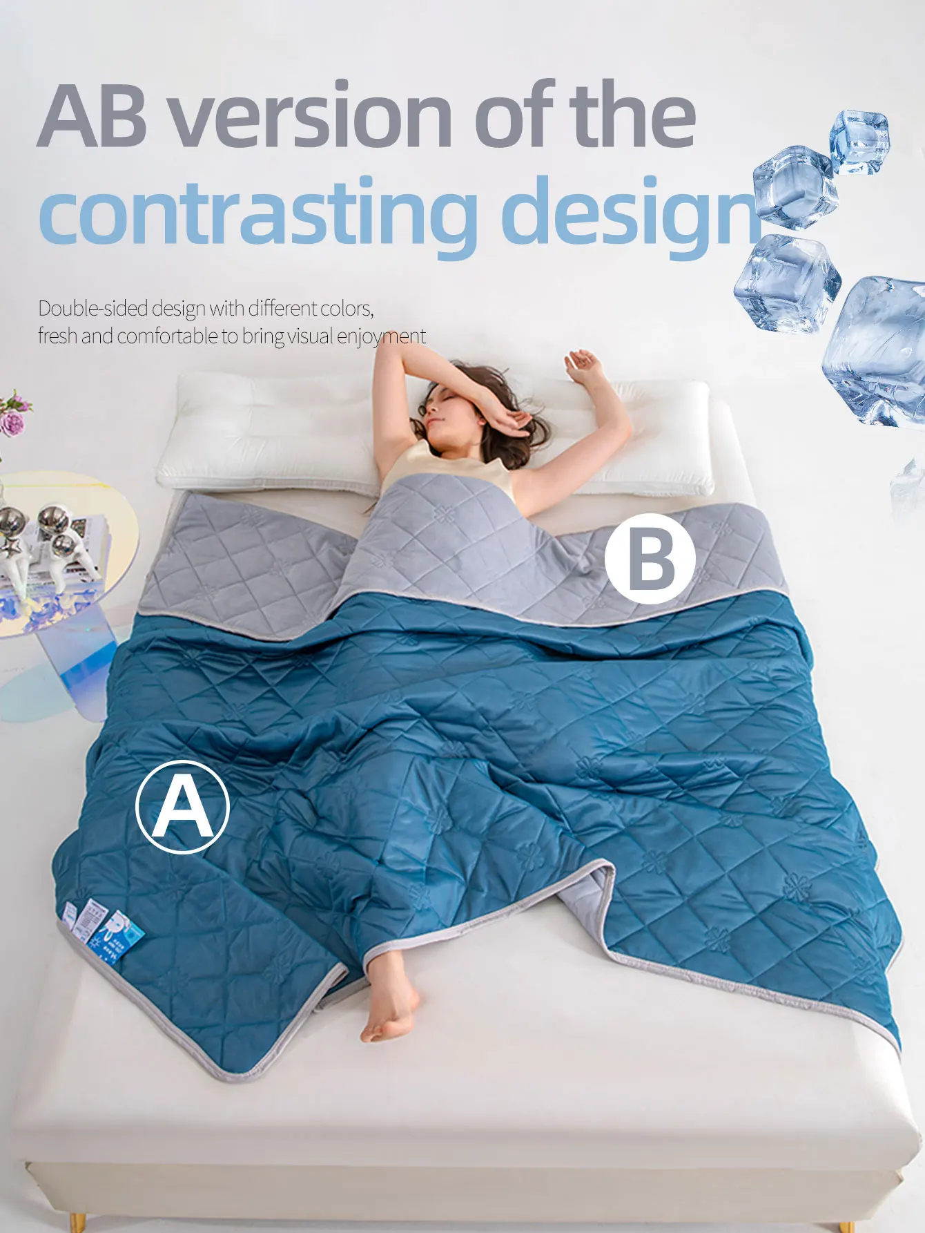 1pc solid color cooling blanket with diamond grid and floral print, minimalist fashion/cooling material/quilted reinforced edges