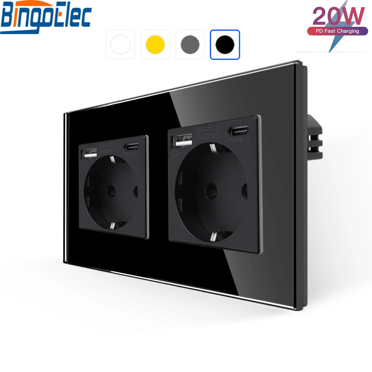 Bingoelec Tomada de Alimentação da ue com Usb Tipo-c Telefone Carregador Rápido Porta Painel de Vidro Cristal Parede de Schuko 3.1a 20w