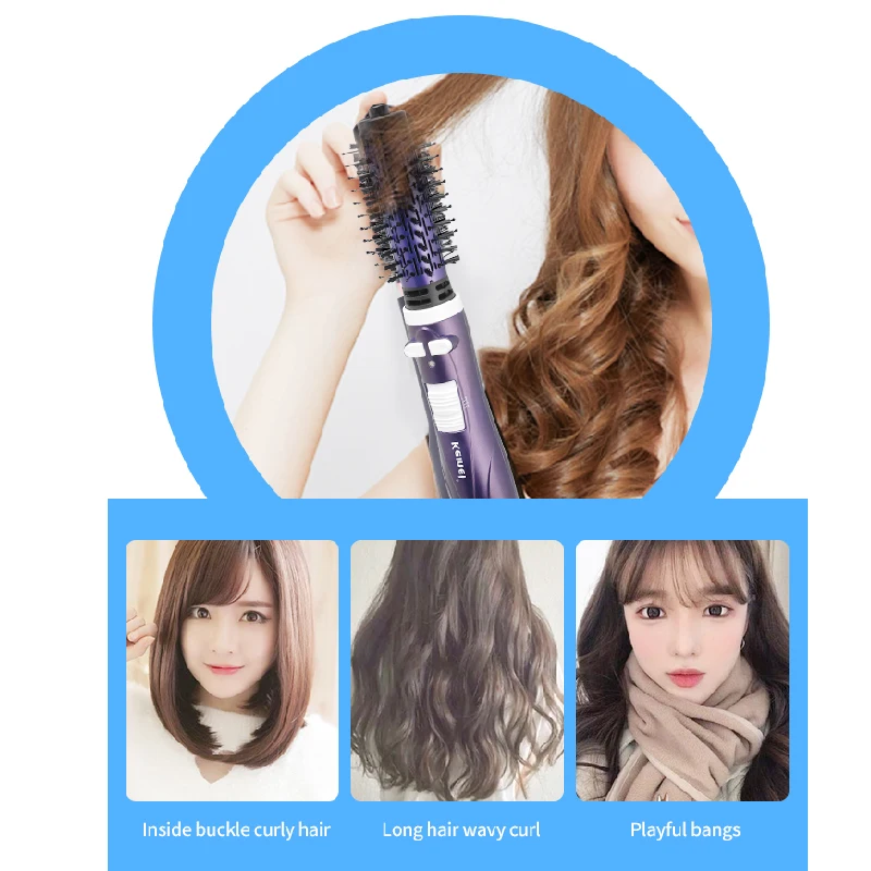 Kemei 2in1 rotary Hot Air Spin Brush Kit for Styling Hair Dryer Brush 2 Detachable Auto-Rotating Curling Round hot air hair brush