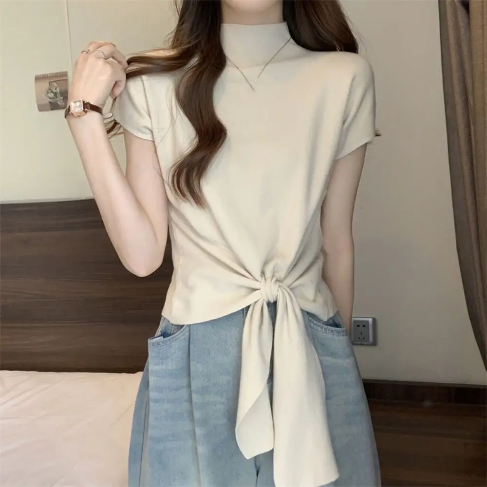 Lace Up Short Sleeve T-shirt Kintwear Chic Y2K Crop Top Women Slim Fit Bottoming Shirt Half High Collar Tees Top Summer