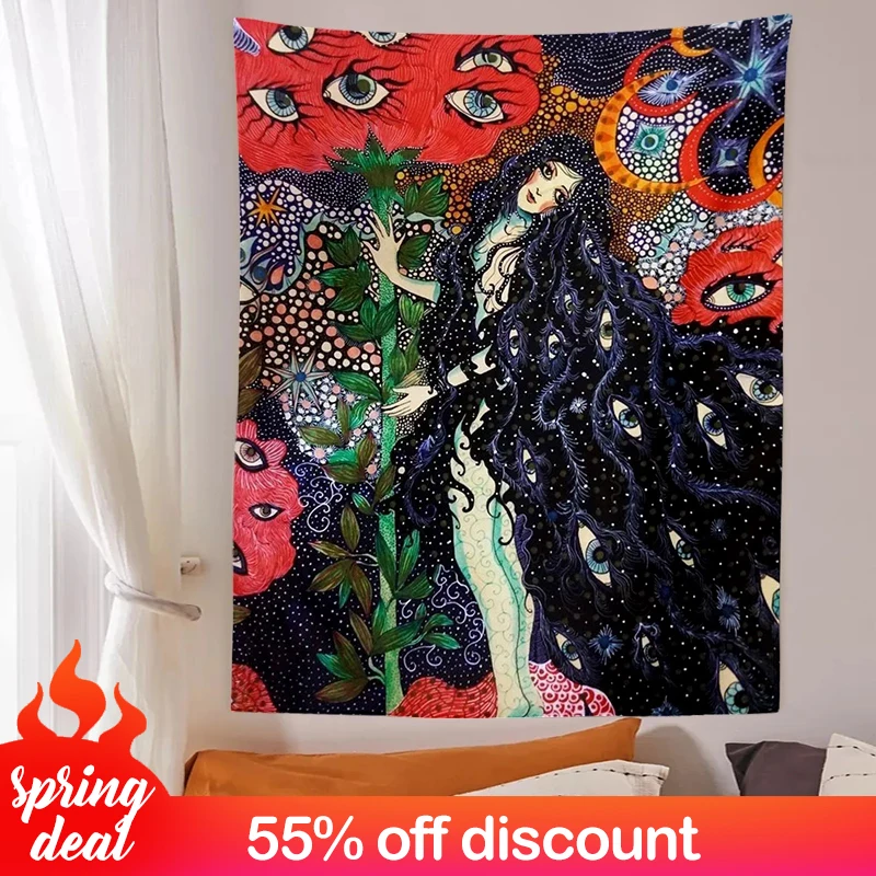 Psychedelic Girl Tapestry Wall Hanging Botanical Celestial Floral Tapestry Hippie Eye Wall Carpets Dorm Decor Starry Sky Tapestry Decorations