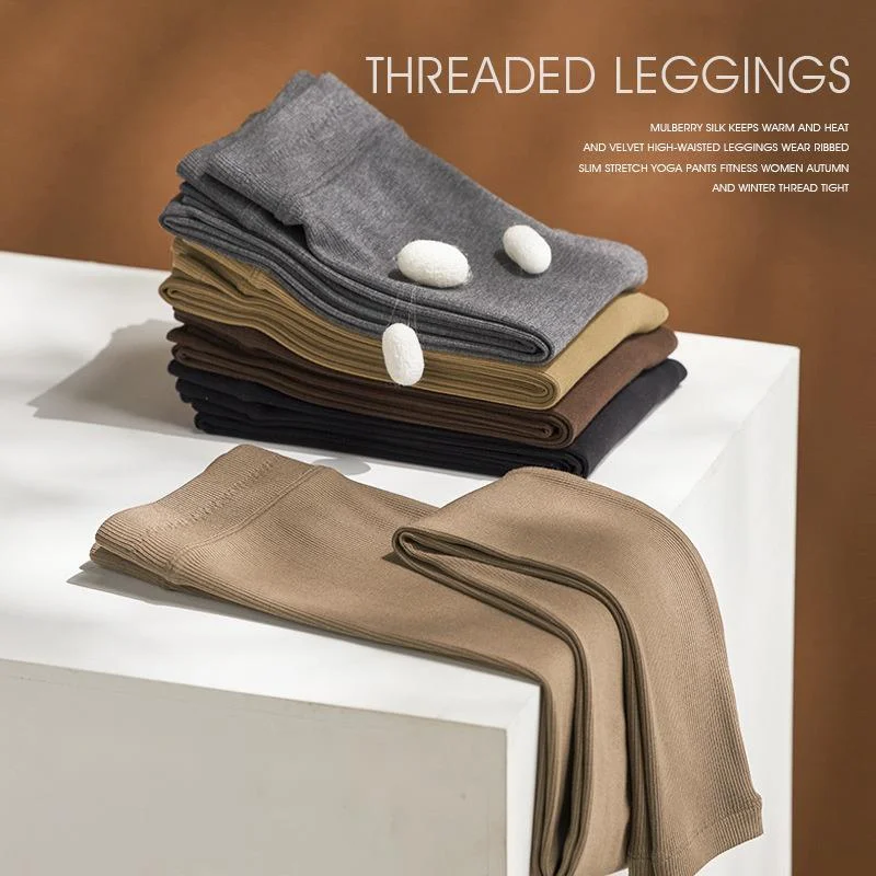

Autumn Winter Mulberry Silk Plush Heating Ribbed Leggings Women High Waist Slim Fit Elastic Warm Knitted Casual Pants