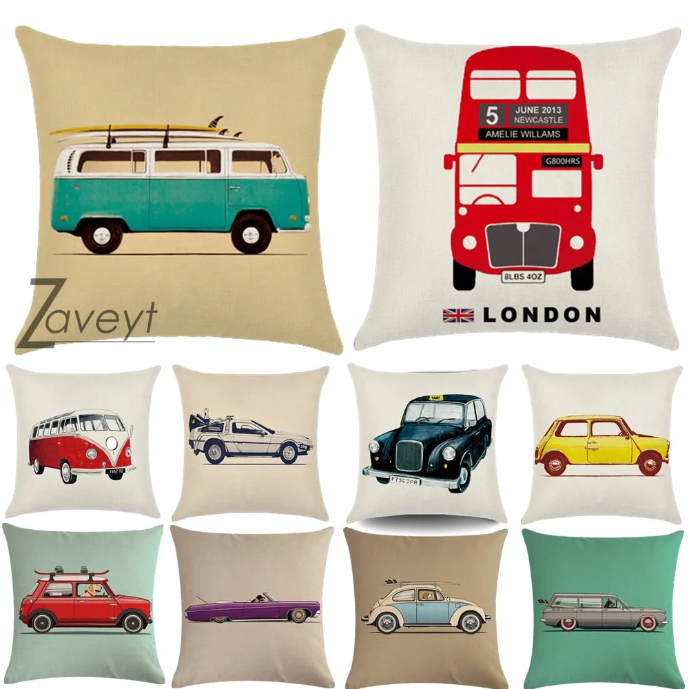 

40/45/50/60cm Vintage Car Series Linen Pillowcase Housse De Coussin Cushion Cover Dog Cojines Decorativos Para Sofá Home Decor