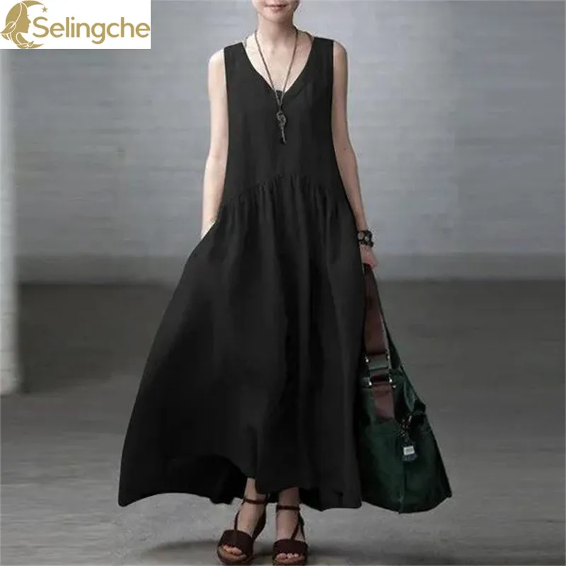 

New Spring/Summer Women's Long Skirt Loose Fold Fashion Sleeveless Solid Color Tank Top Cotton and Hemp Age Reducing Dress