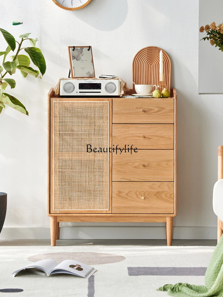 

Solid Wood Rattan Chest of Drawers Nordic Oak Storage Modern Minimalist Bedroom Locker