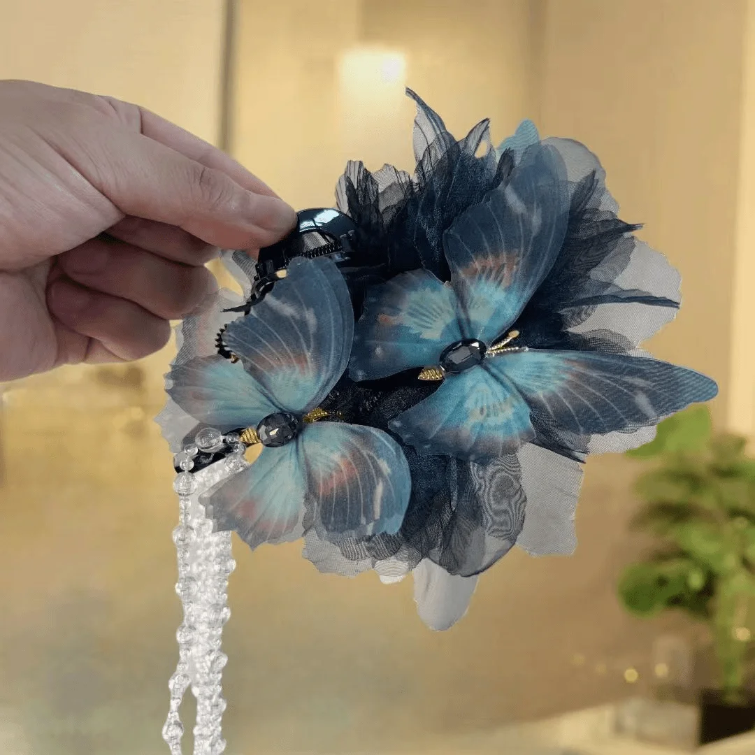 Girls Grab Clip Ancient Style Display Headwear 13cm Shark Clip Women Super Moonlight Gauze Dynamic Butterfly Tassel Hair Claw