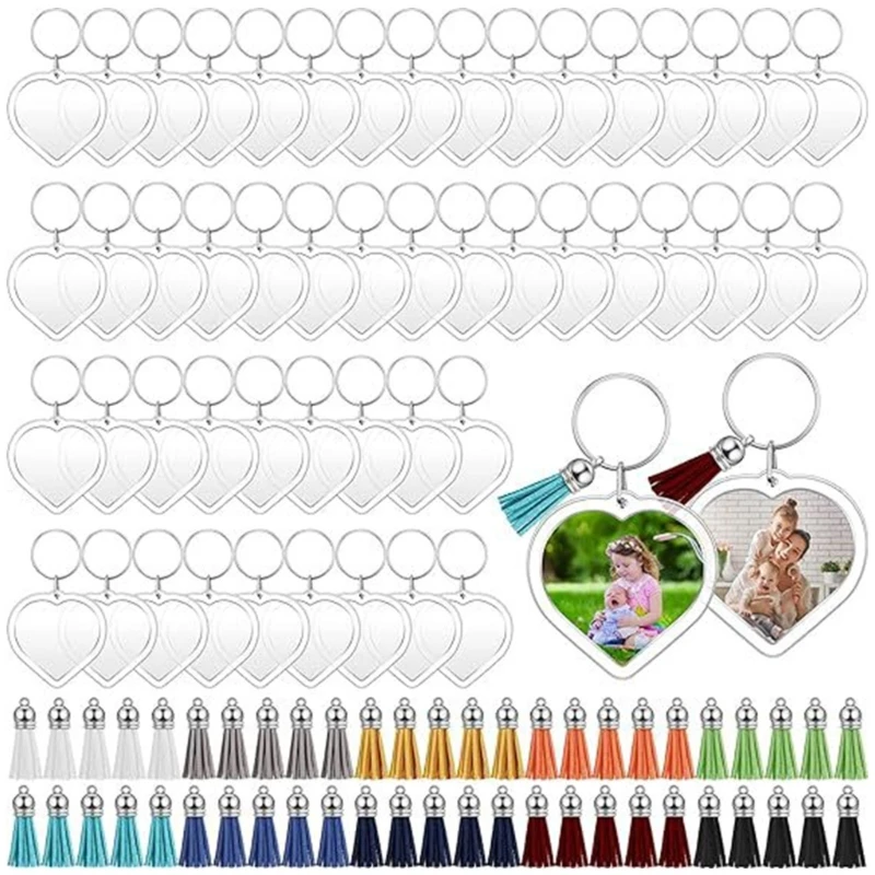 

50Pcs Acrylic Heart Frames with Tassels Keychains Heart Shaped Key Rings Jewelry Blank Photo Frame Keychain DIY