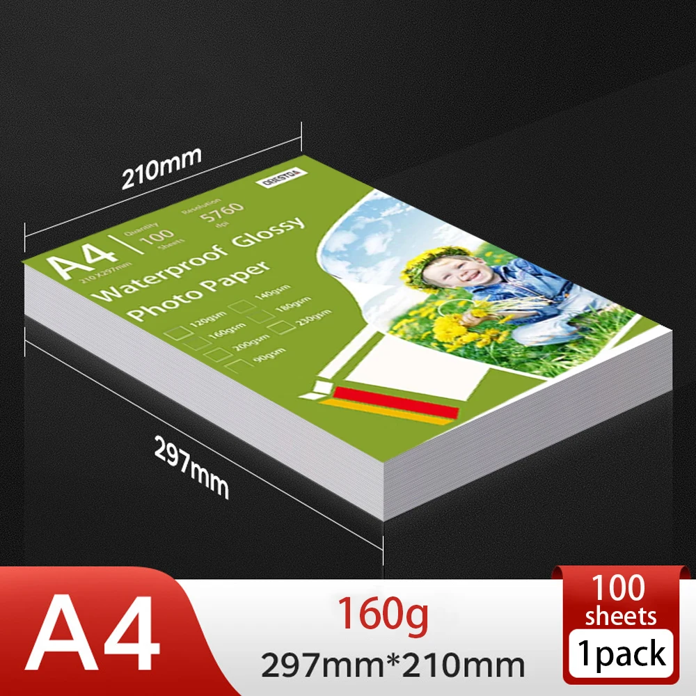 A4 100 Blatt glänzendes Fotopapier 8,27 * 11,69 Zoll 160 g/m2 120 g Hochglanz-Schnell trocknend für Canon Epson HP Farbtintenstrahldrucker