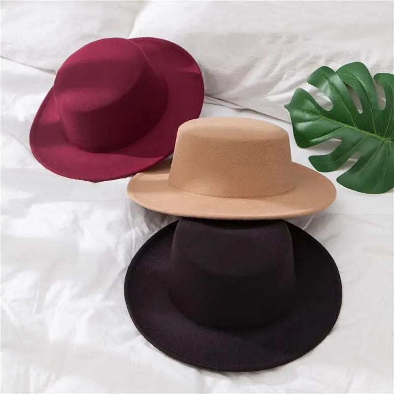 Elegant Women Flat Top Fedoras Hats British Style Wide Brim Felt Woolen Cap For Girls Lady Solid Color Spring Autumn Bucket Caps 1