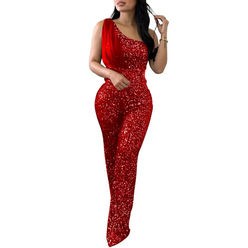 

Elegant Party Bodycon Rompers Slash Neck One Shoulder Evening Birthday Overalls Outfit Sparkling Sequin Jumpsuit