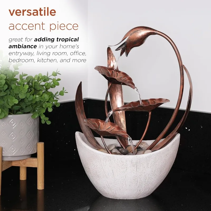 ZEN918 Indoor Tabletop Multi-Tiered Metal Falling Leaves Water Fountain with Stone-Filled Base, 14" 4