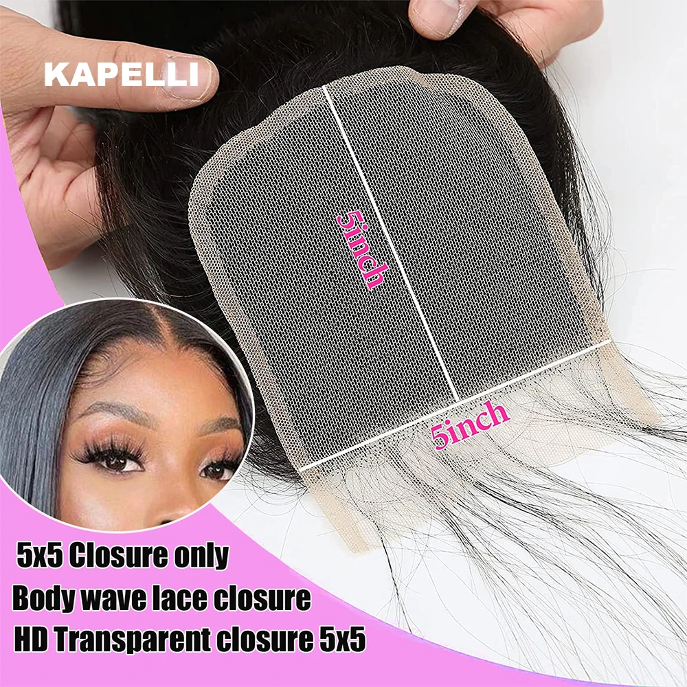 Extensioni di Capelli Umani con Chiusura 4x4/5x5 HD Lace, Fasci di Capelli Neri Naturali con Frontale, 100% Capelli Veri, Spedizione Rapida - immagine 4