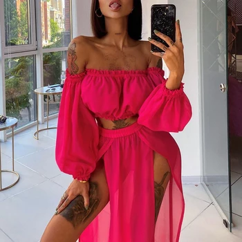 Women Summer Puff Long Sleeve Sexy Mesh Mesh Sheer Bikini Cover-ups Set Two-Piece Bathing Suit Beach Wear Vacation Outfits