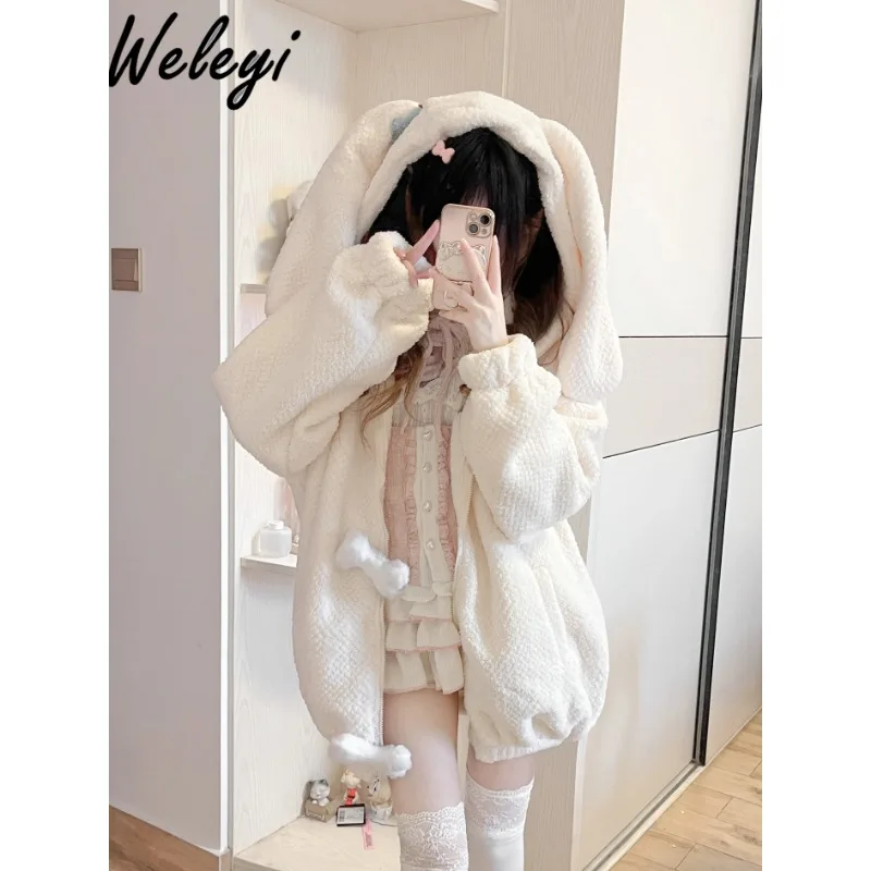 

Cute Lolita Furry Coat 2024 Autumn/Winter Sweet Subculture Preppy Style Fashion Rabbit Ear Lamb Fleece hooded Mid-length Jackets