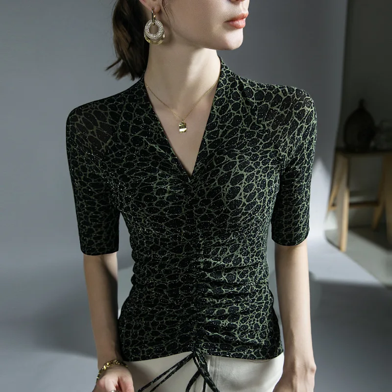 

High Quality 2024 Women Tops T-shirt Shiner Print Female Gauze Clothing Winter Autumn Sexy Crop Top Clothes Casual Blouse Y2k