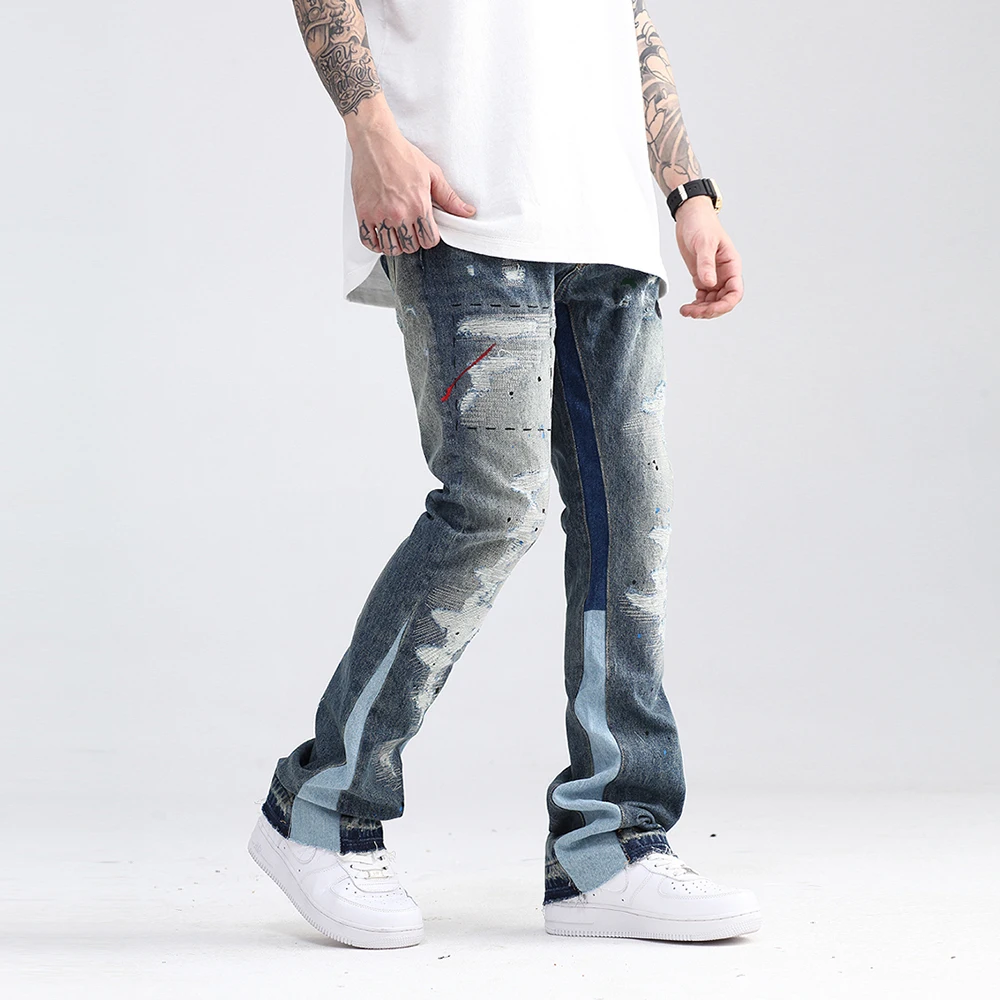 Men Jeans Mens Jeans Jeans Trousers Denim Trousers Washed Jeans Blue Speckle ink Washed Flared Jeans Man Slim Hip Hop Graffiti Ripped Denim Jean Men Streetwear Vintage Wide Leg Jeans Pants Y2k