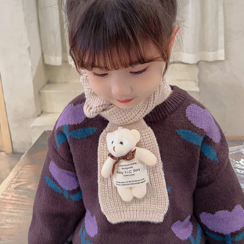 귀여운 곰 천 라벨 크로스 베이비 스카프 신상 가을 겨울 어린이 따뜻한 니트 스카프 소녀 소년용 부드러운 목걸이 스카프