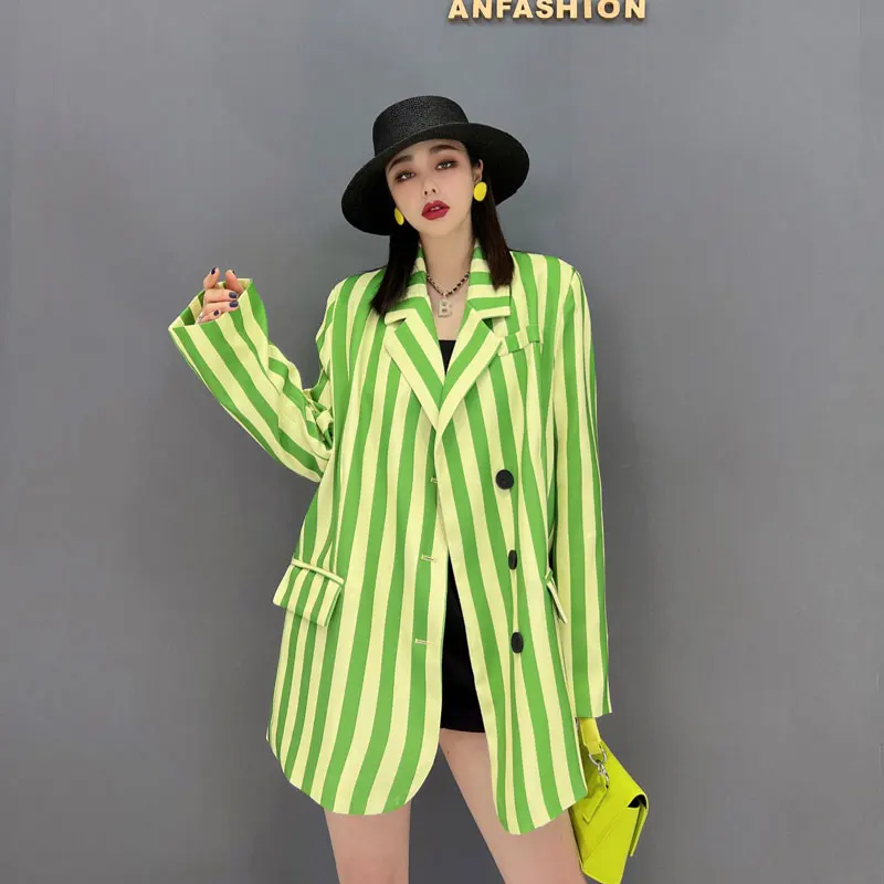 

Women Spring and Autumn Striped Blazer Single-breasted Designer Suit Nostalgic Spelling Yellow Jakcet
