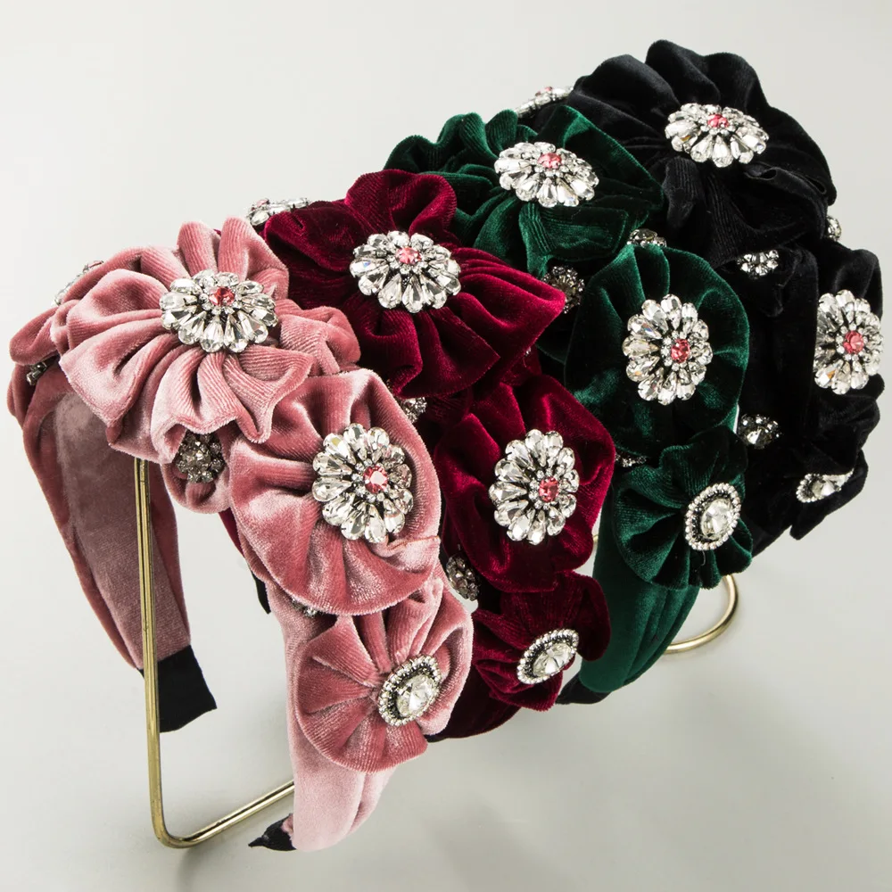 Korea Heavy Industry Velvet Flower Rhinestone Headband Hair Accessories Retro Royal Court Style Headdress Luxury Hairband janevini 11 colors silk flower bouquet corsage rhinestone rose wedding boutonnieres groom pin men s beaded boutonniere ramillete