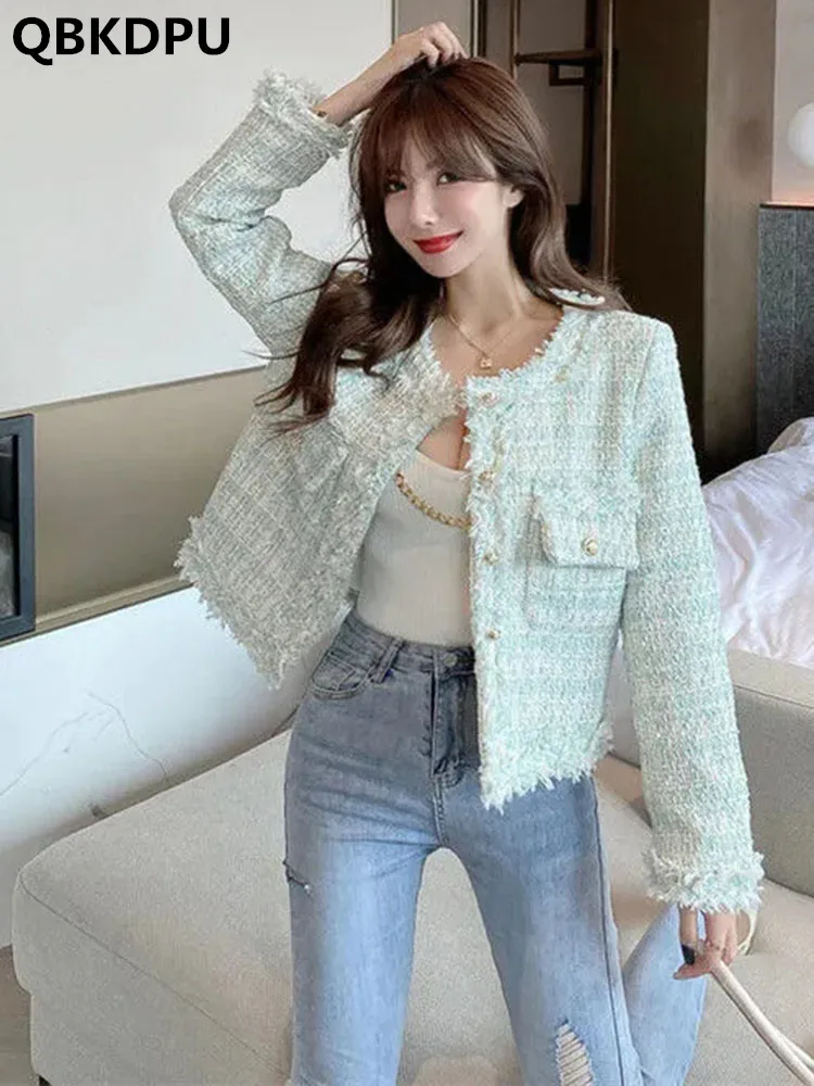 

Vintage Tassels Short Slim Tweed Jacket Korean Women Coats Elegant Wool Blend Chaquetas Fashion Spring New Woolen Jaquetas