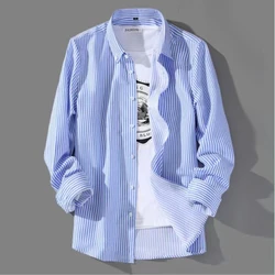 Fashionable Men's Blue White Striped Shirt All-Match Non-iron Korean Style Print Slim Fit Long Sleeve Dress Shirts for Man 38-44