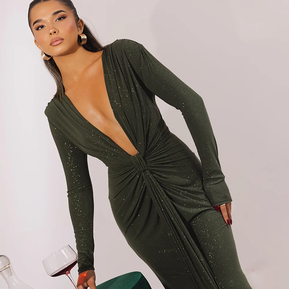Elegant Long Sleeve Elastic Tight Party Evening Dress For Women Sexy Deep V-Fold Lace Vestido Autumn/Winter New 2025