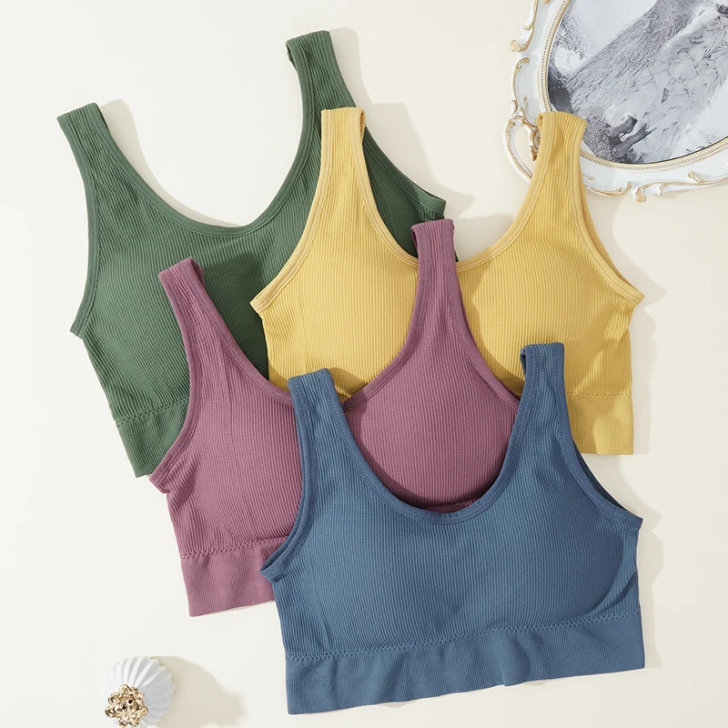 Description Picture 3 of itemSeamless Crop Top Women Underwear Wire-Free U Shaped Camisole Wide Straps Tank Striped Solid Color Bralette Sports Tube Tops