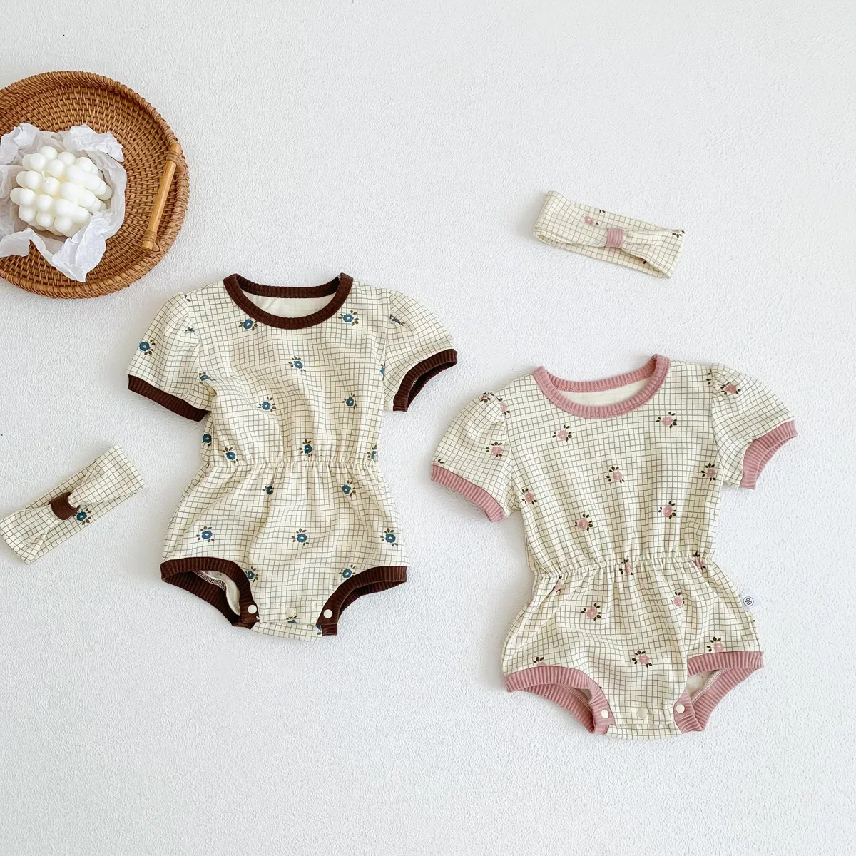Children's Summer Korean Style Cotton Short Sleeve Waist-Fitted Romper Baby Boys Cute Crawling Clothes Women's Children's Climbi
