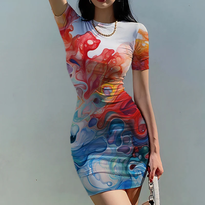 

Summer new ladies slim dress color blooming 3D printed lady dress beautiful lady slim dress trend fashion ladies slim dress
