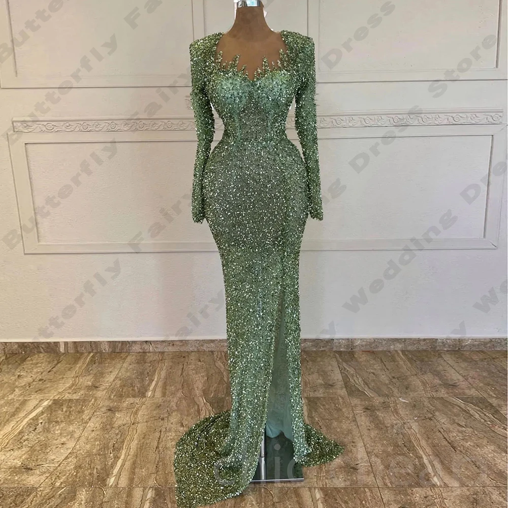 Glittery dámská dlouhé rukáv soumrak šaty mořská panna kolo krk elegantní kněžna ples gowns formální móda celebrity večírek róba