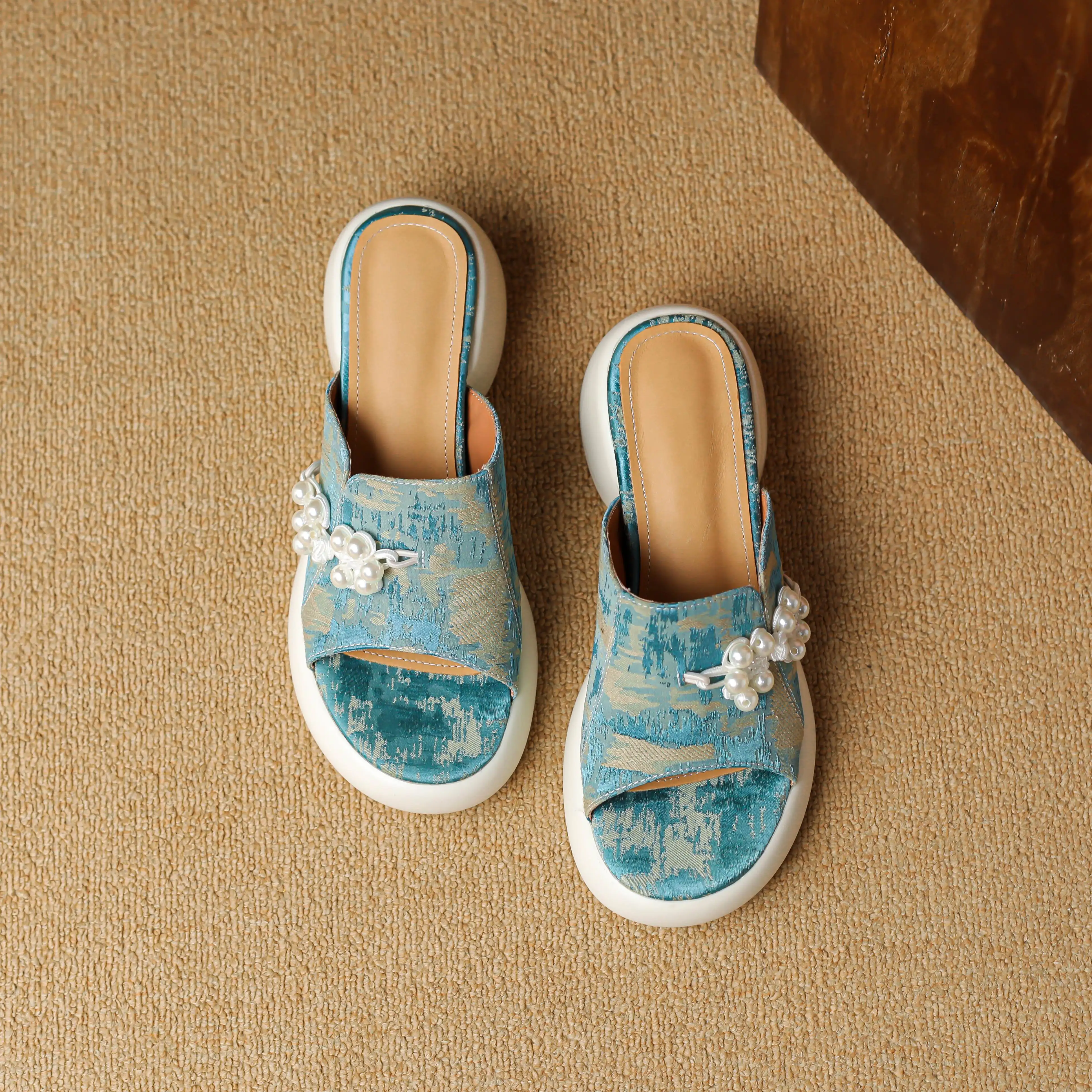 Krazing Pot Cow Split Leather Slip On Summer Shoes Slingback Mules High Heels Pearl Print Vacation Casual Platform Women Sandals