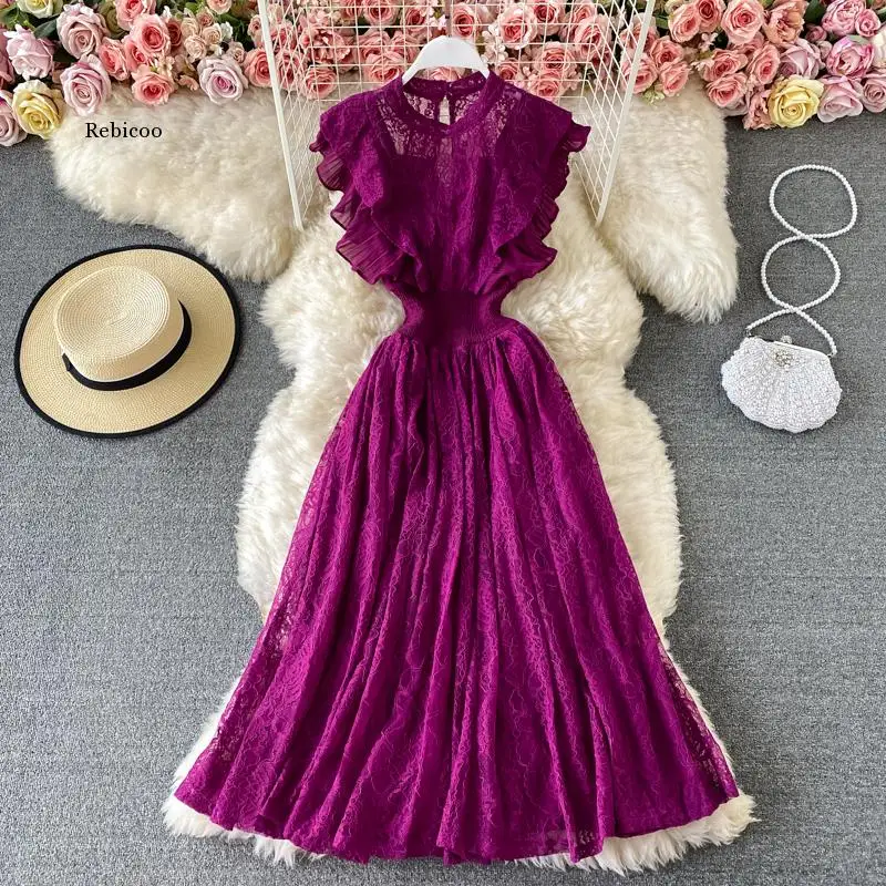 

Vintage Purple/Green/Red Lace Midi Dress Women Sweet Round Neck Ruffle Vestidos Female High Waist Slim Robe Spring Autumn 2021