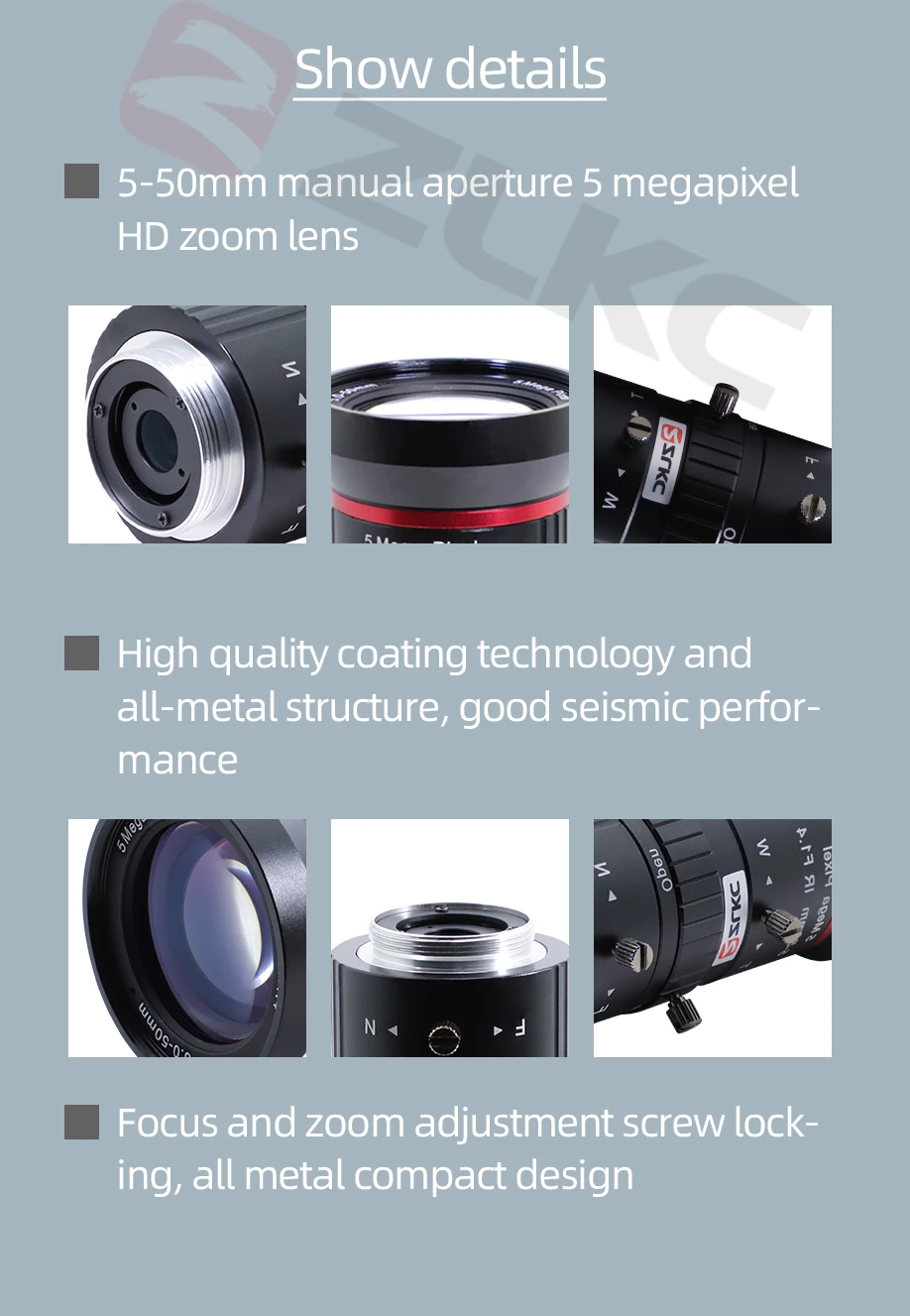 ZLKC 5-50mm varifocal Kamera objektiv 1/2,7 inch cs montieren hd 5mp f2.5 manuelle Iris CCTV Teile Zoomobjektiv für Video überwa – Detail 3