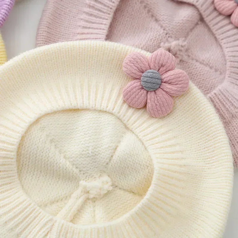 Solid Color Flower Baby Beret Hat Winter Warm Knitted Beanie Cap for Infant Girls Korean Toddler Princess Artist Painter Caps