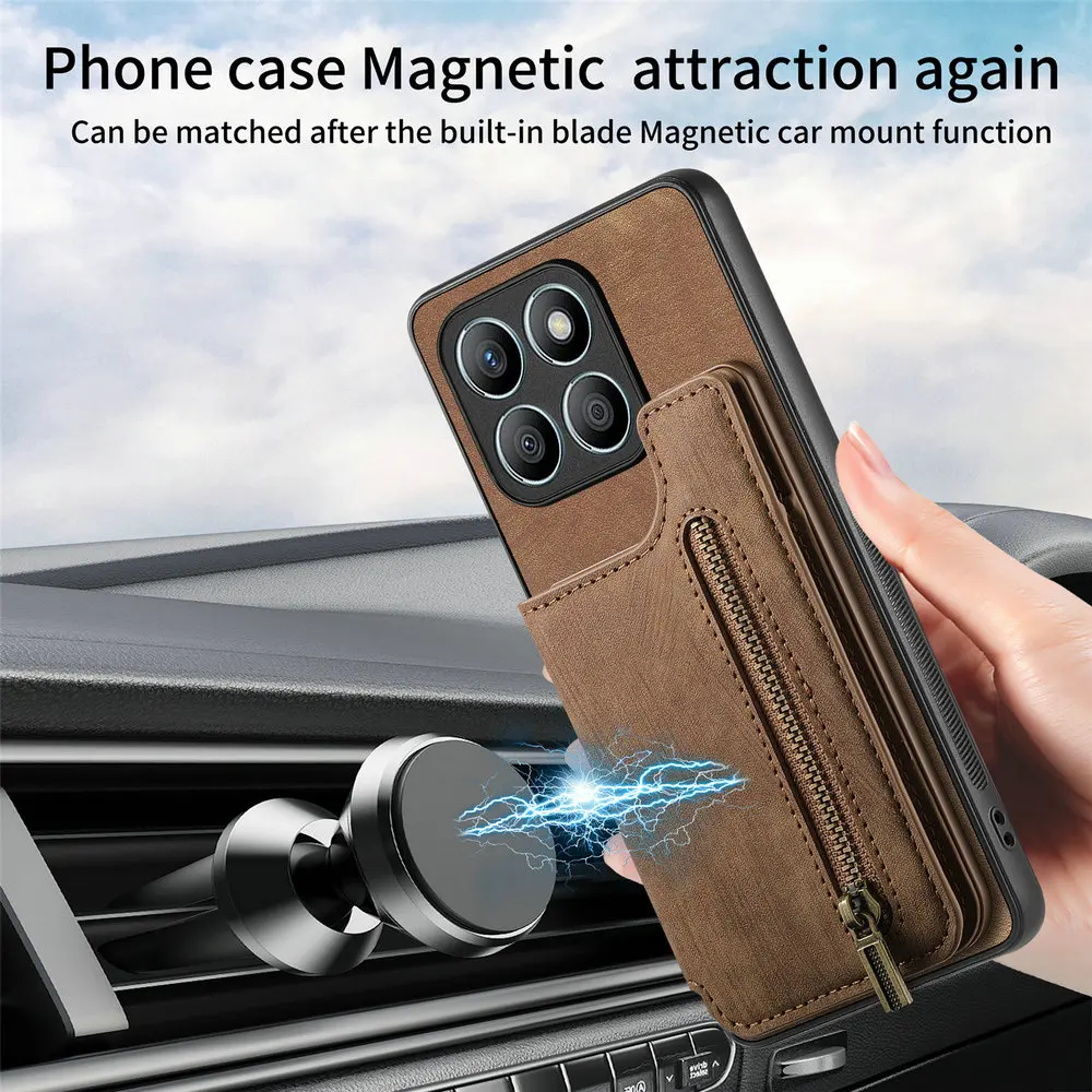 Leather Zipper Wallet Case with Magnetic Card Holder