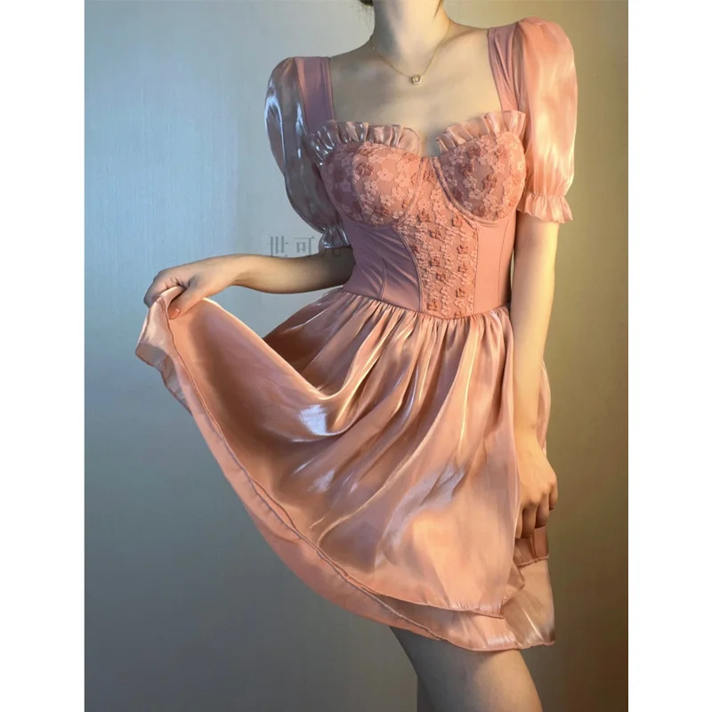 2023 New Summer Sweet Lace Jacquard Small Breast Gather High Waist Cover Belly Conservative Flat Angle Skirt One-piece Swimsuit