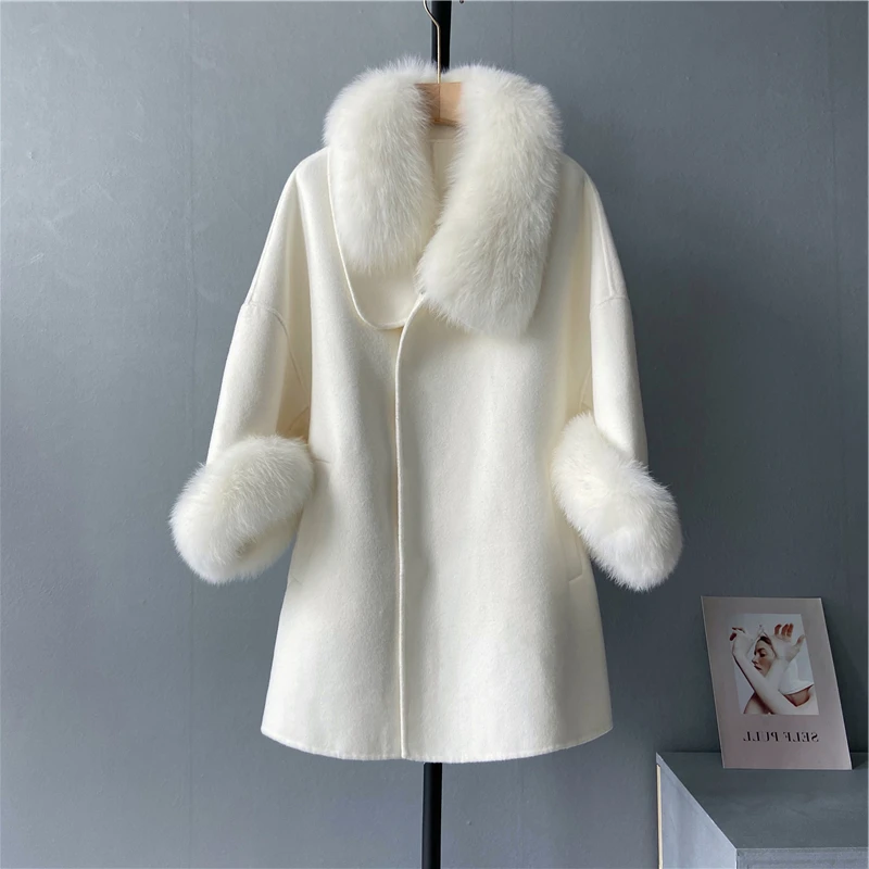 

2023 Woolen fur,Real Wool Cashmere Blend Winter Coat For Women Oversized Batwing Sleeve Loose Cloak Outerwear Women's Real Fox F