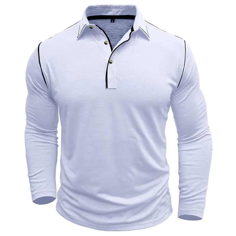 Stilvolle graue Langarm-Poloshirts für Herren, Henley-Oberteile mit Stehkragen und schwarzen Nähten für Frühling und Herbst – Detail 10