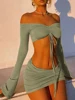 Hugcitar Women Matching 2 Piece Set Long Sleeve Drawstring Ruched Crop Top Mini Skirt Suit Co Ords Outfits Bodycon Sexy Party 1