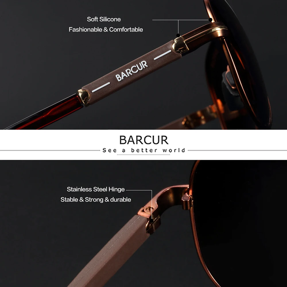 Barcur polarisierte herren sonnenbrille pilot sonnenbrille für männer zubehör fahren angeln, wandern brillen oculos gafas de sol – Detail 4