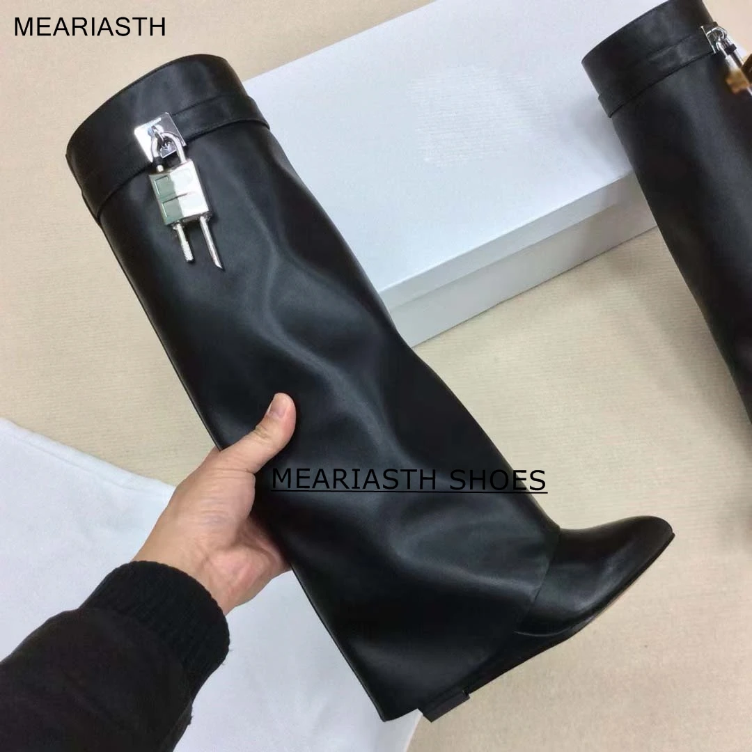 

2022 Fall Winter Best Selling Black Red Shark Lock Long Boots Folded Suede Leather Wedge Heel Knee Boots Height Increasing Boots