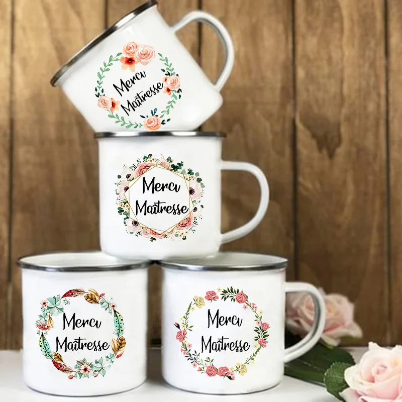 

French Flower Printed Mugs Creative Coffee Tea Cups Drinks Water Milk Cup Enamel Mug School Home Handle Drinkware Teacher Gifts