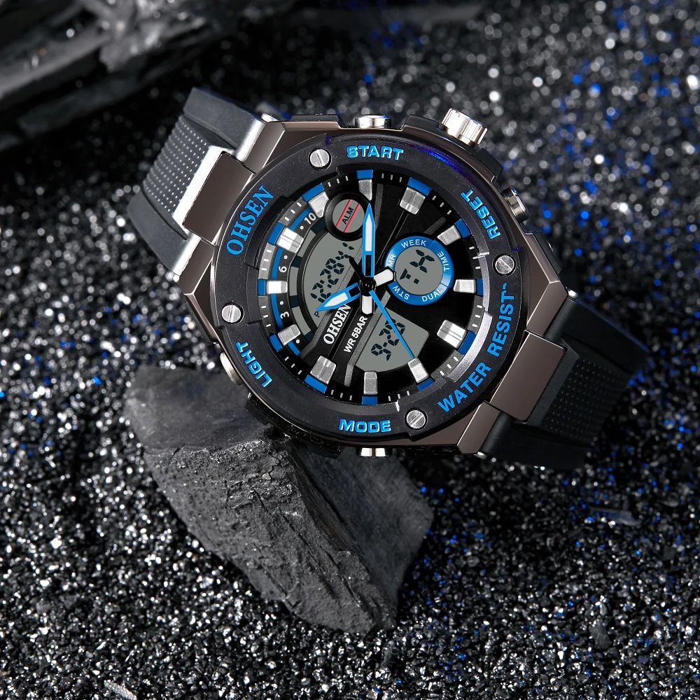 

Часы наручные мужские синие, роскошные Брендовые спортивные водонепроницаемые аналоговые цифровые с двойным дисплеем и датой, подарок