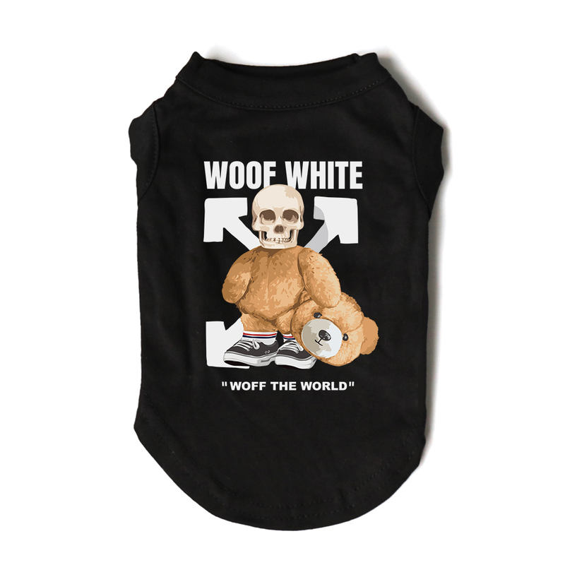 T-shirt pour chien imprimé Woof White Dog - Le vêtement parfait pour votre petit compagnon - 2025 - Vêtement et accessoires pour chiens - Doglovedesign