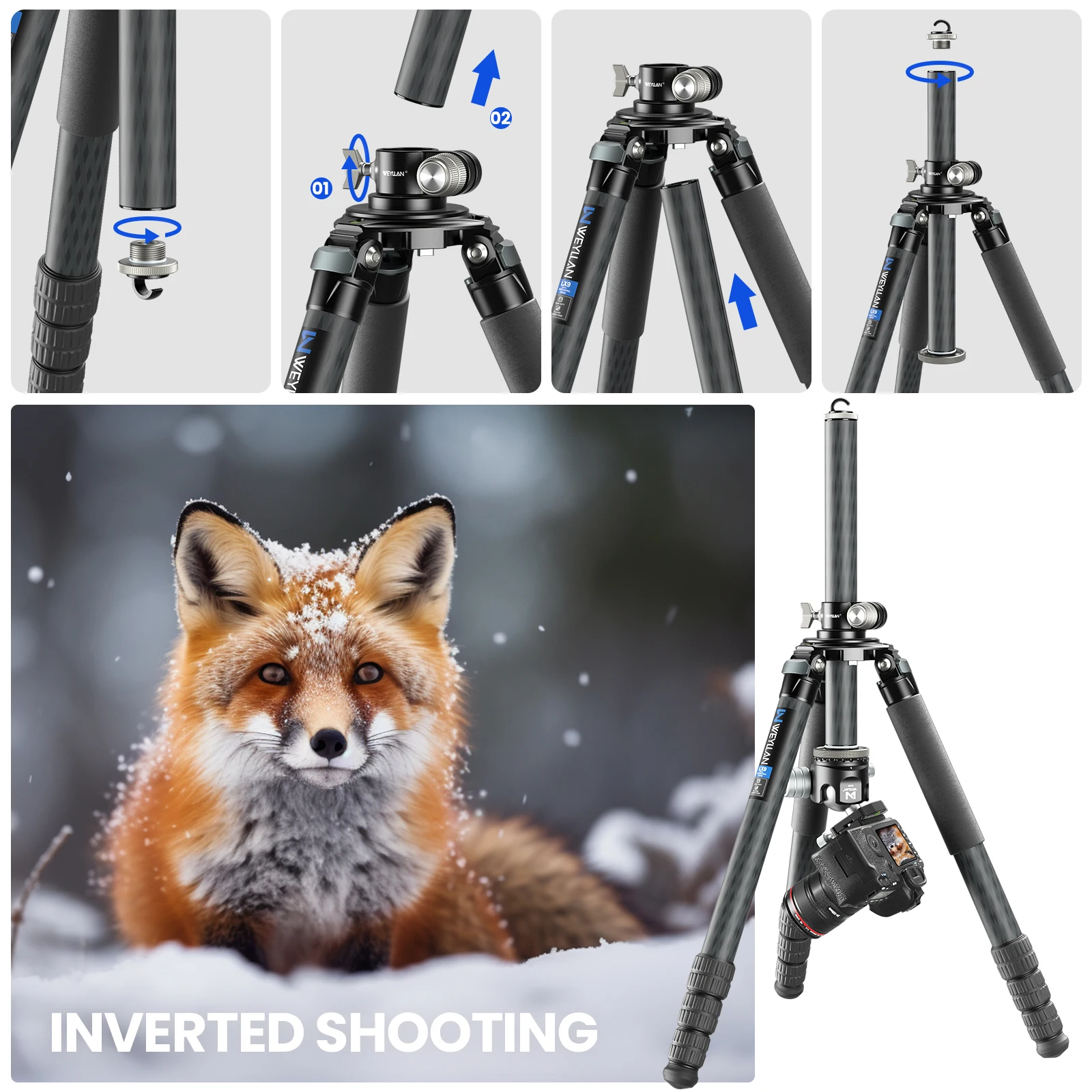 TZ8 Professional Tripod Horizontal Center Column Carbon Fiber Tripod Extension 4
