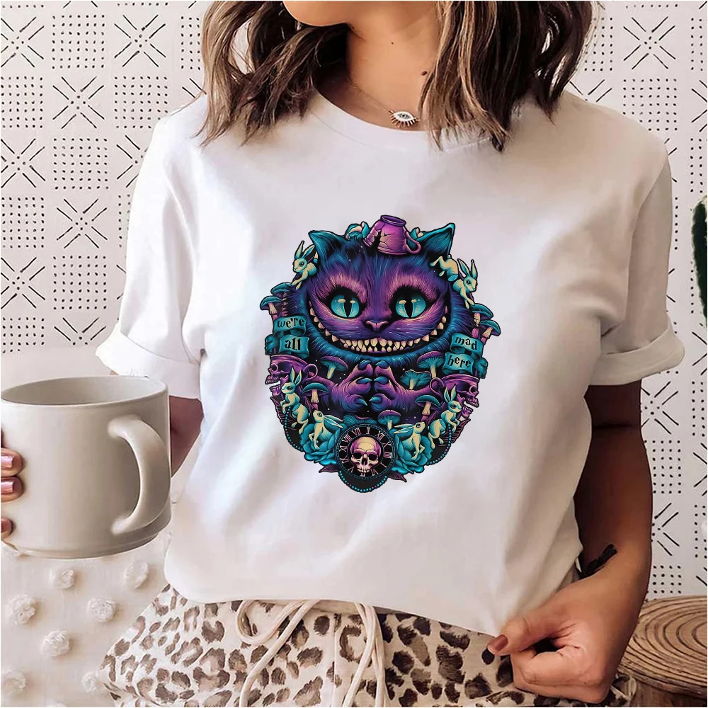 

Disney Alice in Wonderland Cheshire Cat Print T-shirt Hipster 90s Harajuku Women Clothes Casual Tops Cute Aesthetic Blouse