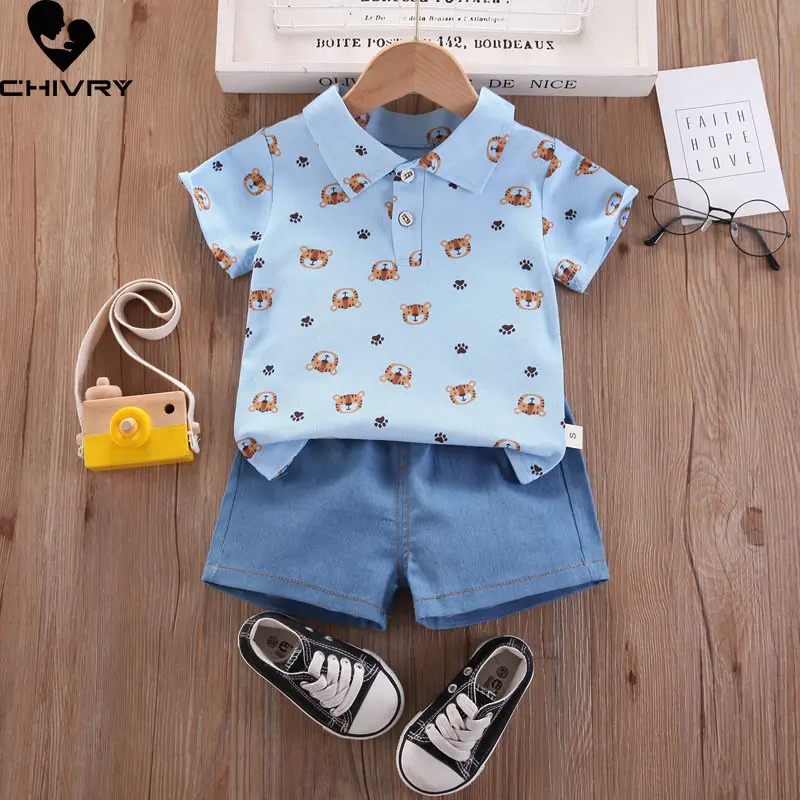 

Boys Summer Clothing New 2023 Baby Boy Short Sleeve Lapel Cartoon Tiger Polo Shirt Tops with Denim Shorts Kids Clothes Sets